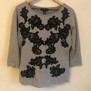 Inc Grey With Black Flowers Embroidered Scoop Neck Sweater 3/4 Sleeves Size M